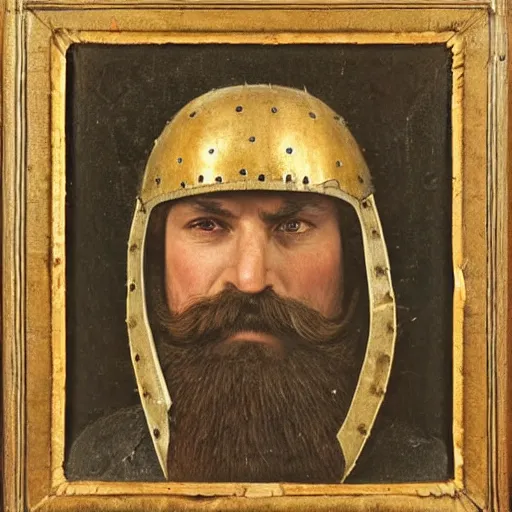 Prompt: portrait of a Man with a large moustache dressed in medieval armour. detailed, Realistic.