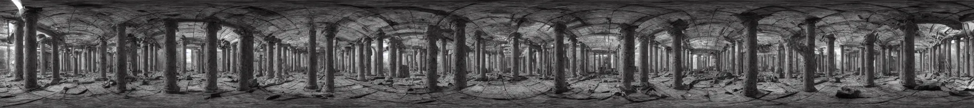 Image similar to photo of an immersive forgotten panopticon well, with columns and destroyed cybernetics from an ancient civilization, photorealistic, higly detailed dark, 3 6 0 picture, panorama, 3 5 mm slide, trending on flickr, in the style of francesca woodman, zachary corzine, zhelong xu, greg rutkowski and anders zorn