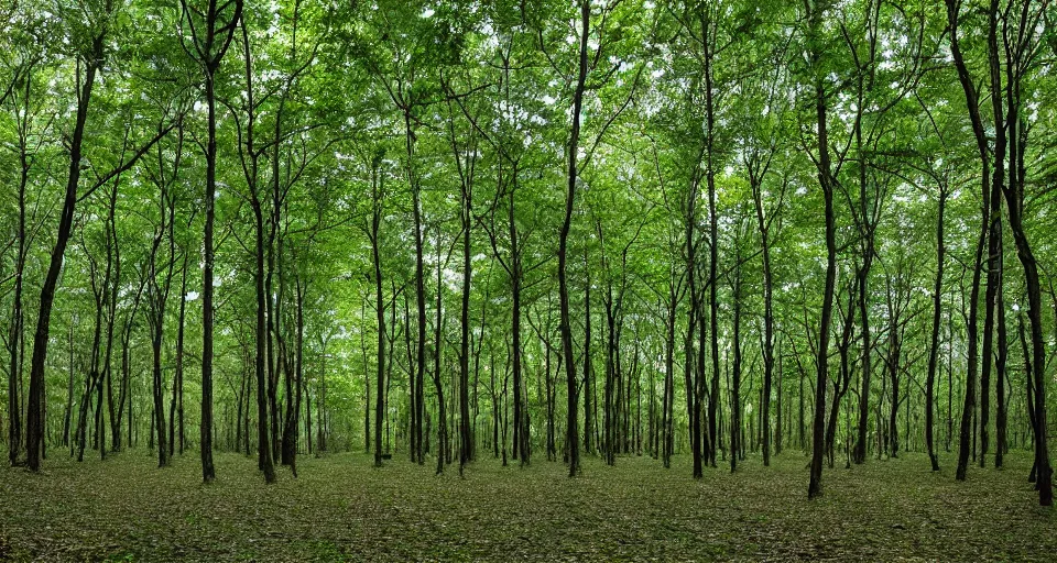 Prompt: deep inside an orderly forest, under the canopy of evenly spaced trees