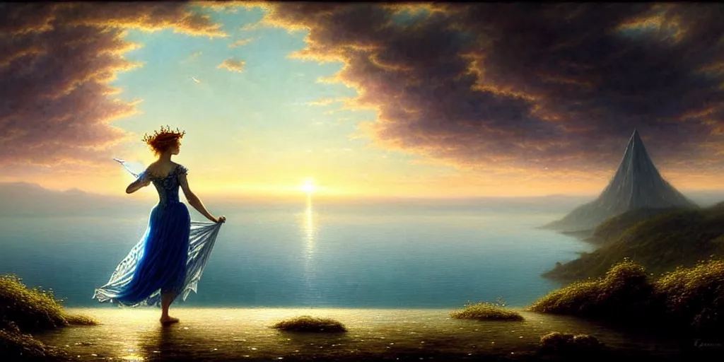 Image similar to an elegant fairy queen in a blue lace dress dancing looking out at a lord of the rings scenery landscape, staring across the sea at a sail boat, sunrise, god's rays highly detailed, vivid colour, soft clouds, floral sunset, cinematic lighting, perfect composition, gustave dore, derek zabrocki, greg rutkowski, belsinski