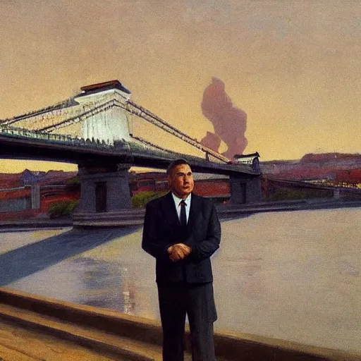 Image similar to viktor orban with highly detailed face standing on the bank of danube river, looking at the destroyed chain bridge in budapest, by edward hopper