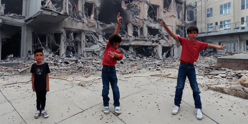 Prompt: a boy doing gun point hand gesture to a building that explode in the way he point at