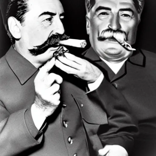 Image similar to stalin eats french fries with ketchup while smoking cigar