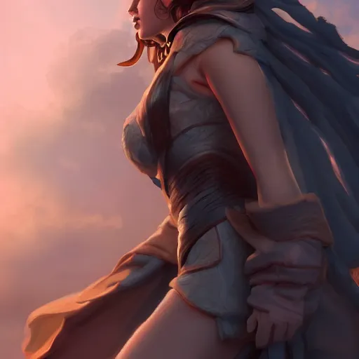 Image similar to fantasy heroine detailed looking heroically at the sky at dusk, profile, in the style of Milica Čeliković and James Daly, artstation, digital art