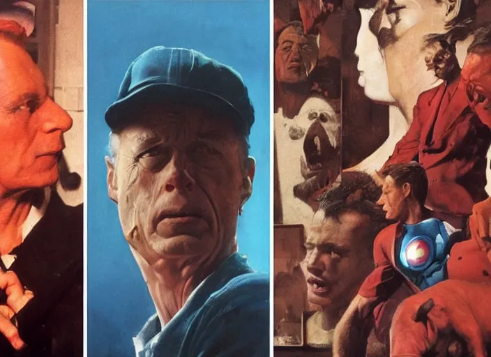 Prompt: a still from the movie avengers : endgame by of francis bacon and norman rockwell and james jean, a still from the movie the shawshank redemption, still from the movie pulp fiction, triadic color scheme, by greg rutkowski, syd mead and edward hopper and norman rockwell and beksinski, dark surrealism, orange and turquoise