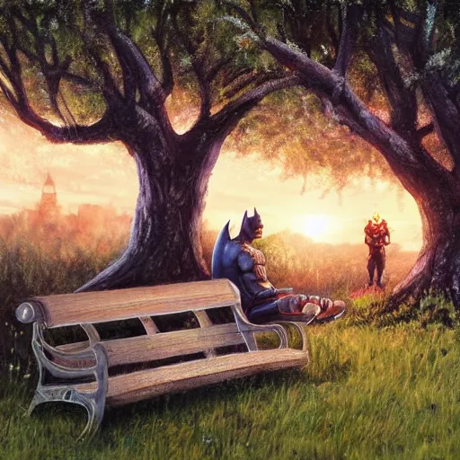 Prompt: Highly detailed painting of Batman and Sonic sitting on a bench in the park, green grass, apple tree, apples on the ground, narrow footpath, sunset, highly detailed, by Greg Rutkowski and Max Bedulenko