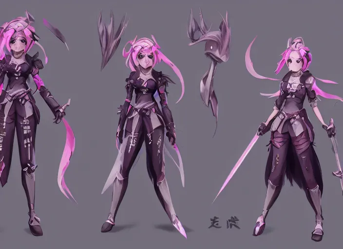 Prompt: character sheet for a beautiful and cute girl for genshin impact by greg rutkowski, black to light pink fade hair, genshin impact style, overwatch style, sorcerer magic witch, longsword, digital art, trending on artstation, hd, 8 k, highly detailed, good lighting, beautiful, masterpiece