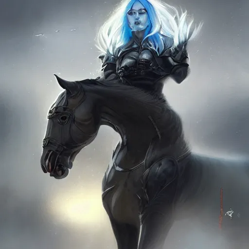 Prompt: an enormously muscular black - coated anthro horse wearing skintight armor, long white hair, high - tech facility background, highly detailed, digital painting, artstation, concept art, illustration, art by artgerm, greg rutkowski, wlop