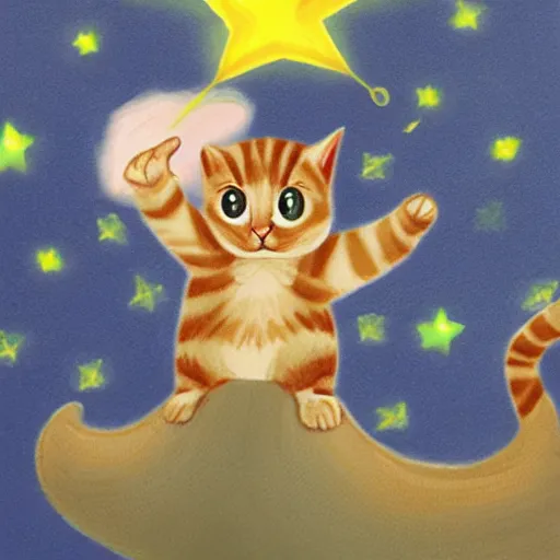 Image similar to baby wizard cat flying across the space with bright stars