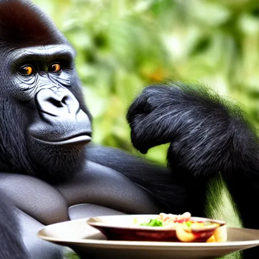 Image similar to gorilla at a fancy 5 star restaurant, eating an entire meal at his seat, 8k