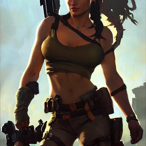 Image similar to greg manchess portrait painting of partially armored lara croft as overwatch character, close - up shot, asymmetrical, profile picture, organic painting, sunny day, matte painting, bold shapes, hard edges, street art, trending on artstation, by huang guangjian and gil elvgren and sachin teng