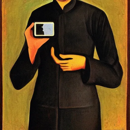 Prompt: Portrait of Ho Chi Minh holding Iphone