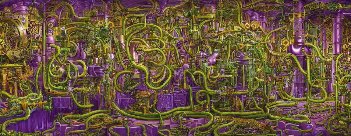 Prompt: a densely packed machine apparatus for making snake oil, huge copper machine with fine purple and green intricate pipework, art by jacek yerka, and ed roth, directed by denis villeneuve, cinematography by robby muller, fine detail, kodachrome 8 k, snake machine