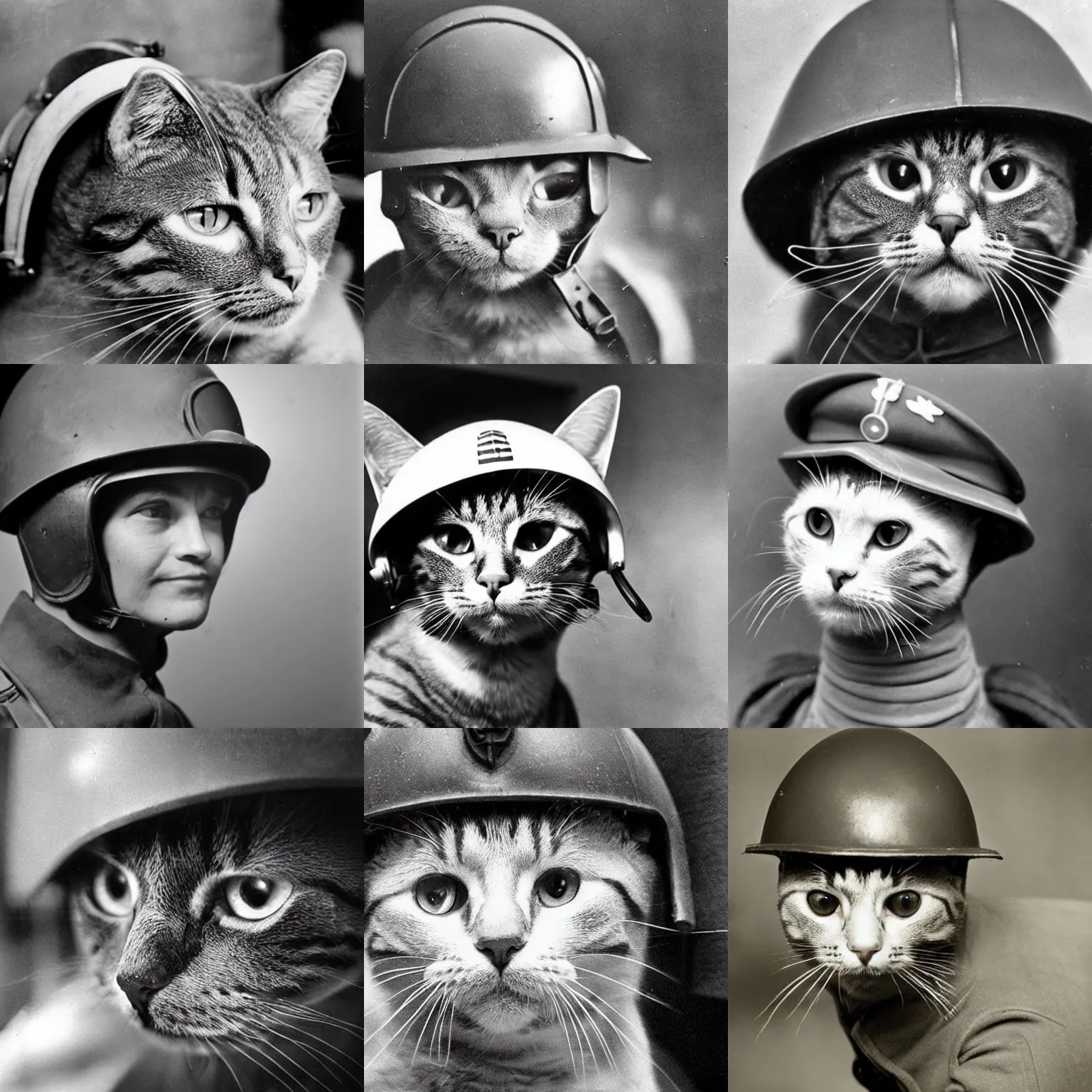 Prompt: Close up of a cat wearing soldier helmet in the battle, ww2 historical photography, black and white