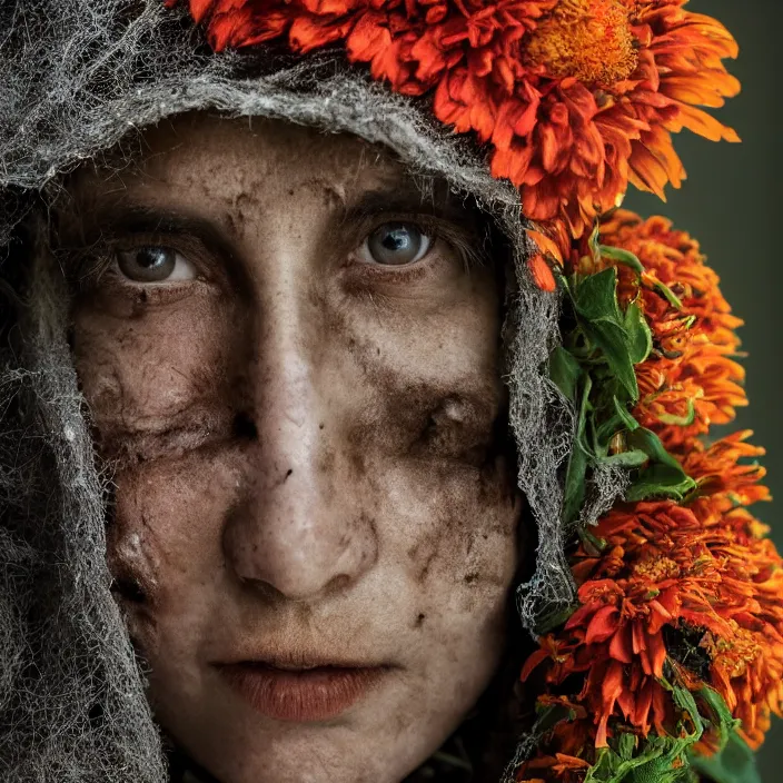 Image similar to closeup portrait of a woman wearing a hooded cloak made of zinnias and barbed wire, in a derelict house, by Martin Schoeller, natural light, detailed face, CANON Eos C300, ƒ1.8, 35mm, 8K, medium-format print