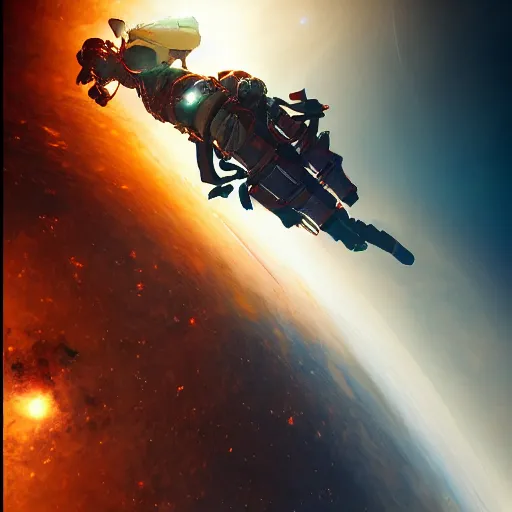 Image similar to burning incinerating 2 0 4 0 astronaut falling through the majestic clouds of jupiter, by cedric peyravernay and feng zhu, highly detailed, excellent composition, cinematic concept art, dramatic lighting, trending on artstation