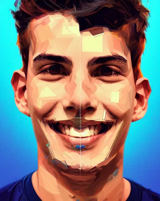 Image similar to digital art of smiling boy, shards of time, face portrait, centered portrait, illustration, highly detailed, simple, no jagged lines, smooth, artstation, artwork by obey, artwork by sandra chevrier