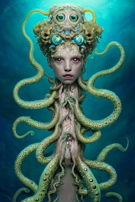 Prompt: A full shot of a cute monster wearing an ornate dress made of opals and tentacles on the ocean floor. Subsurface Scattering. Dynamic Pose. Translucent Skin. Caustics. Prismatic light. defined facial features, symmetrical facial features. Opalescent surface. Soft Lighting. beautiful lighting. By Giger and Ruan Jia and Artgerm and WLOP and William-Adolphe Bouguereau and Loish and Lisa Frank. Fantasy Illustration. Sailor Moon. Masterpiece. trending on artstation, featured on pixiv, award winning, cinematic composition, dramatic pose, sharp, details, Hyper-detailed, HD, HDR, 4K, 8K.