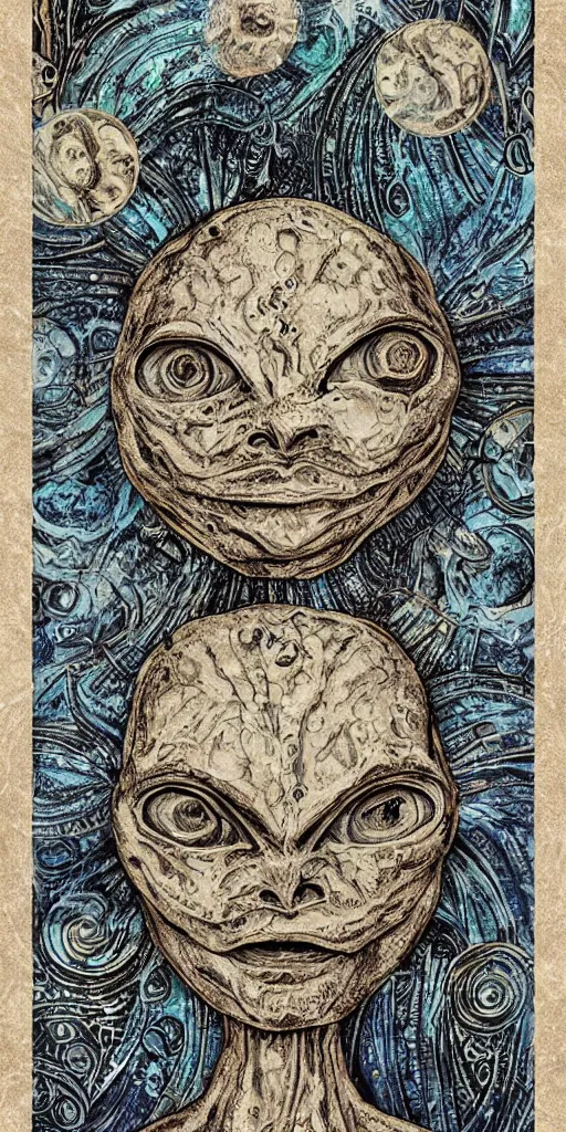 Image similar to a tarot card of an alien face made of water texture, incredible highly detailed digital paiting, epic lighting, highly detailed symbols as frames of the card