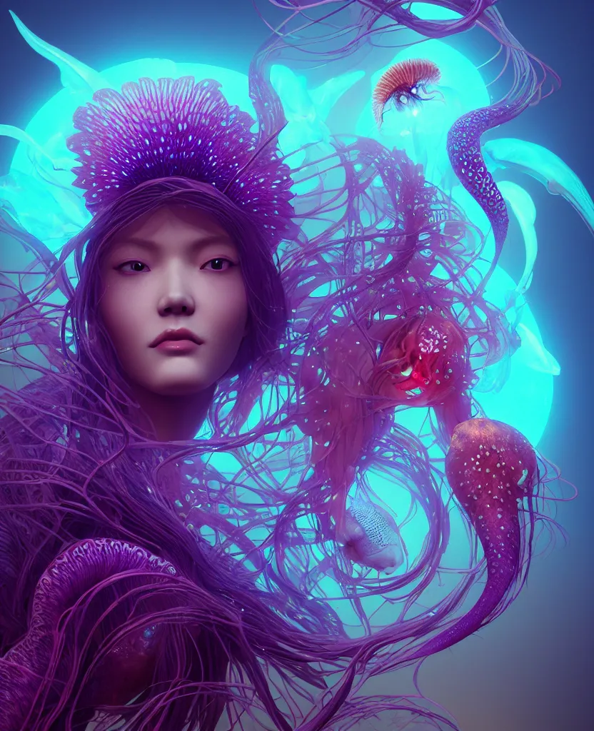 Image similar to goddess close-up portrait. orchid jellyfish phoenix head, nautilus, skull, betta fish, bioluminiscent creatures, intricate artwork by Tooth Wu and wlop and beeple. octane render, trending on artstation, greg rutkowski very coherent symmetrical artwork. cinematic, hyper realism, high detail, octane render, 8k