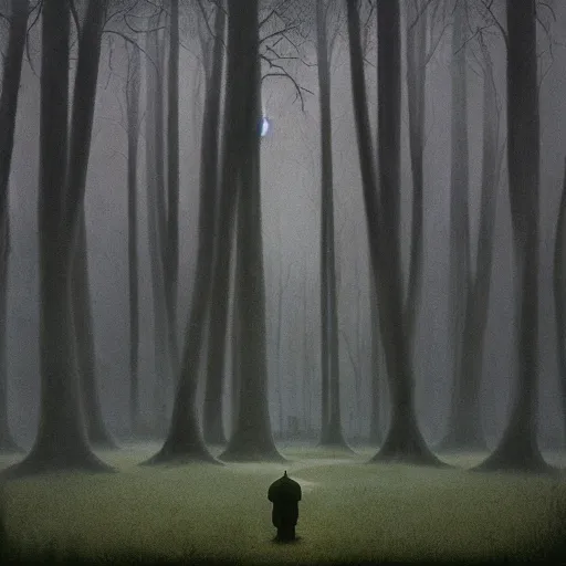 Image similar to deep in a dark and mysterious forest, loneliness, great space, byzdzisław beksinski, 4 k