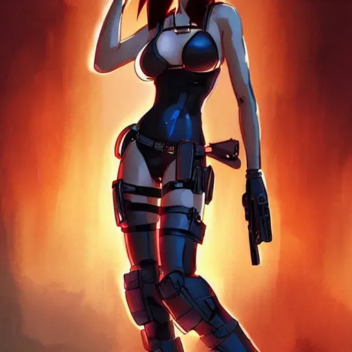 Image similar to concept art illustration of young japanese christina hendricks natalie portman as lara croft motoko kusanagi anime protagonist, wearing tokyo harajuke street fashion combat warrior fantasy bikini, intricate, elegant, art by artgerm and rosstran, masamune shirow