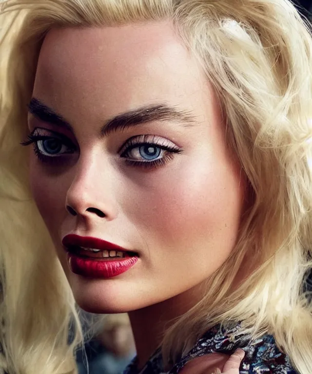 Image similar to photo of margot robbie, platinum blond, fisheye lens, enlarged facial features, by norman rockwell, extra photorealistic details, ultra high quality, trending on pinteresst