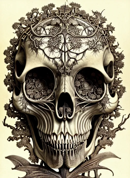 Image similar to art forms of nature by ernst haeckel, memento mori by arthur rackham, ornate antique porcelain beautiful skull mask, ultrasharp, photorealistic, hyperdetailed, octane render, polished, art nouveau, neo - gothic, gothic, intricate ornamental organic filigree, art nouveau botanicals, art forms of nature by ernst haeckel, horizontal symmetry, symbolist, visionary