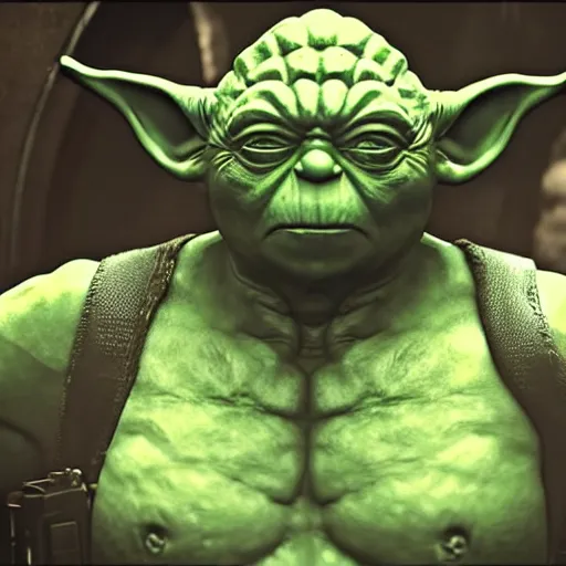 Prompt: yoda as the hulk the hulk in gears of war, splash art, movie still, cinematic lighting, dramatic, octane render, long lens, shallow depth of field, bokeh, anamorphic lens flare, 8 k, hyper detailed, 3 5 mm film grain