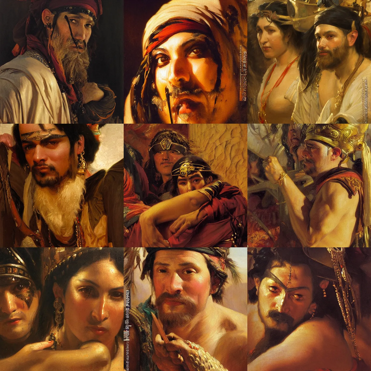 Prompt: orientalism painting of a ruddy bandit face detail by theodore ralli and nasreddine dinet and anders zorn and edwin longsden long, bronze age, sword and sorcery, oil on canvas, masterful intricate artwork, excellent lighting, high detail 8 k