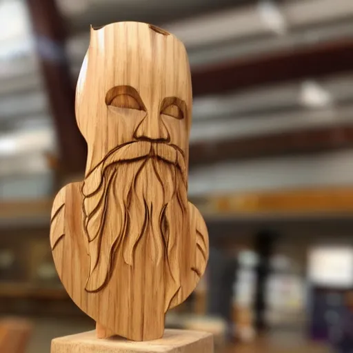 Prompt: wooden sculpture of a viking wearing a vr headset, polished maple, thoughtful, elegant, real