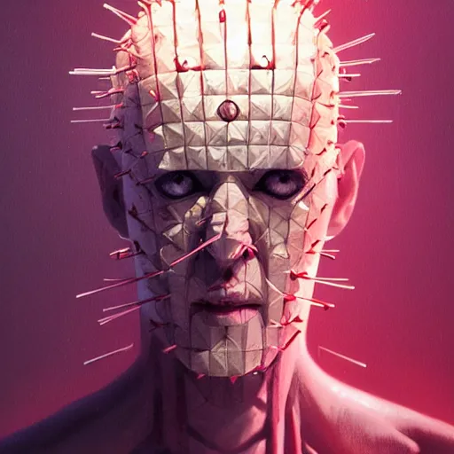 Prompt: portrait of pinhead hellraiser , red light, by Greg Rutkowski , 8k, photorealistic, cinematic lighting, HD, high details, dramatic, atmospheric , trending on artstation