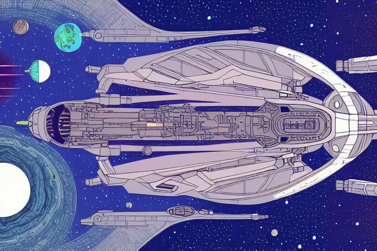 Image similar to a scifi illustration, hyper detailed spaceship interior. top down view. flat colors, limited palette in FANTASTIC PLANET La planète sauvage animation by René Laloux