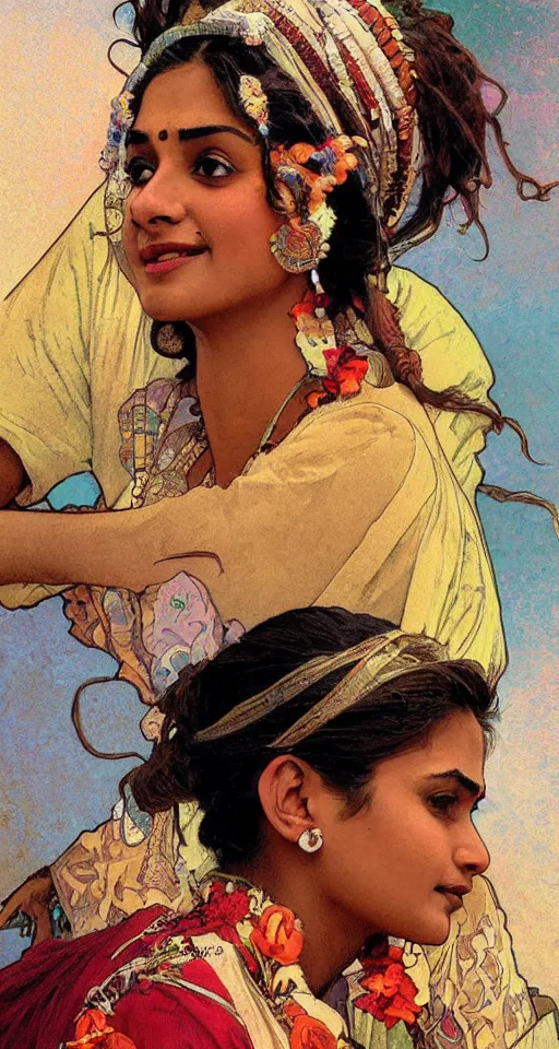 Image similar to close up a beautiful Indian doctor in Texas, sun shining, photo realistic illustration by greg rutkowski, thomas kindkade, alphonse mucha, loish, norman rockwell.