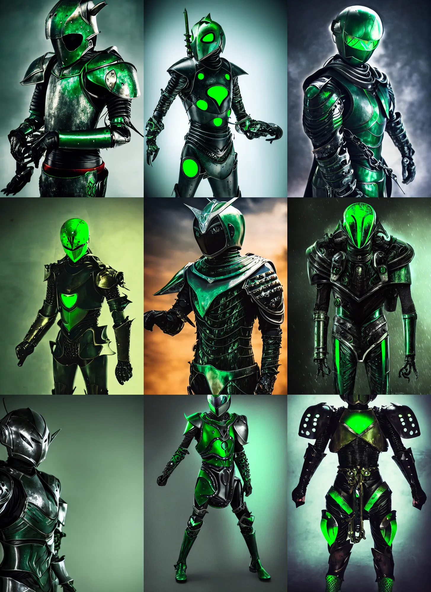 Prompt: Arthurian Knight Kamen Rider, rubber undersuit, chainmail, moody colors, dark green color scheme, 4k, glowing eyes in helmet, industrial environment, horror movie lighting, horror movie cinematography, biomechanical elements, hyper realistic