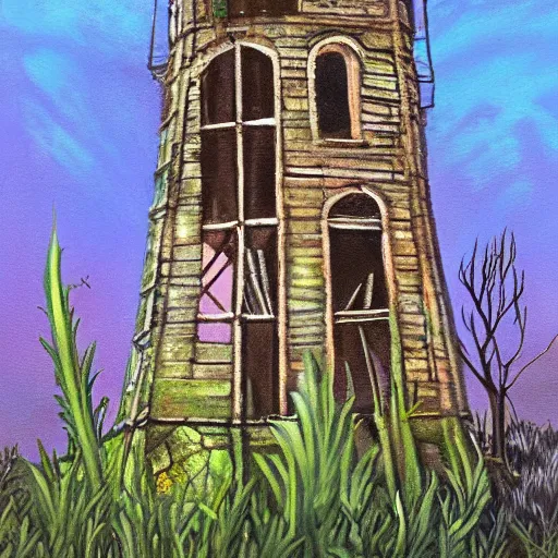 Prompt: Painting of the abandoned wizard\'s tower in the overgrown garden. Fantasy art.