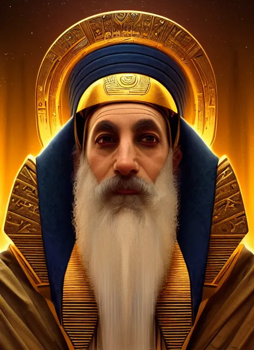 Image similar to symmetry!! portrait of ancient pharaoh as a jewish rabbi wearing traditional attire, sci - fi, tech wear, glowing lights!! intricate, elegant, highly detailed, digital painting, artstation, concept art, smooth, sharp focus, illustration, art by artgerm and greg rutkowski and alphonse mucha