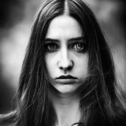 Image similar to masterpiece photo of a melancholic portrait of an aesthetic beautiful 30 years old woman, with mid long hair, canon 50mm, monochromatic, background blur