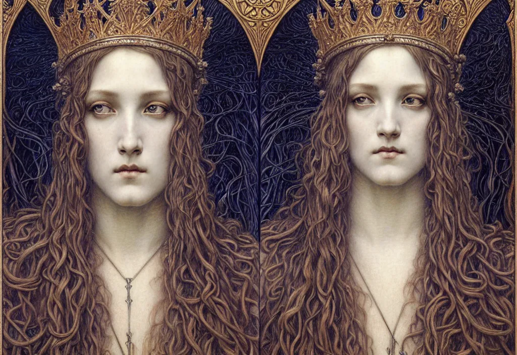 Image similar to detailed realistic beautiful young medieval queen face portrait by jean delville, gustave dore and marco mazzoni, art nouveau, symbolist, visionary, gothic, pre - raphaelite. horizontal symmetry