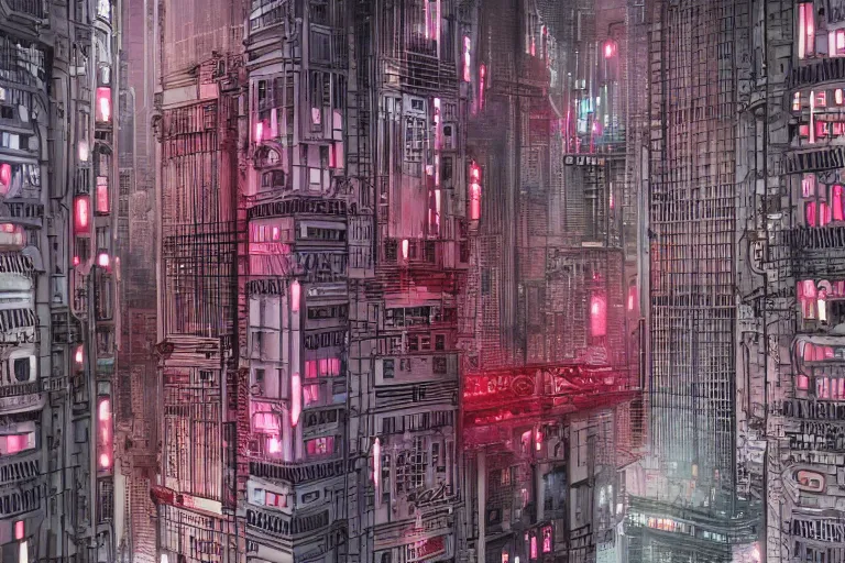 Image similar to pattern repeating city architecture neon beeple fractal watercolor pencil cyberpunk skull 3d ink alien poster futuristic red night gothic concept art black white album cover pixel art digital art sci fi matte painting digital painting oil painting art style cover art artstation
