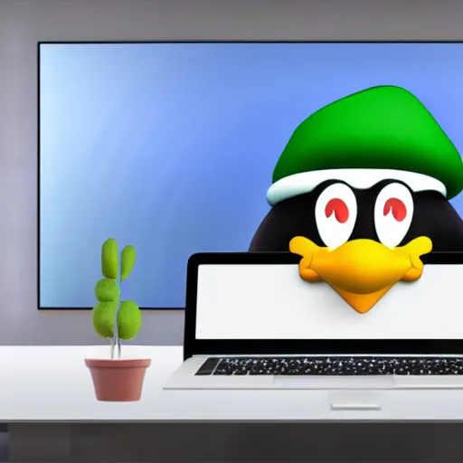 Prompt: penguin from linux with a luigi hat sits in front of a laptop, background is a room filled with anime posters, digital art, blender, 4 k