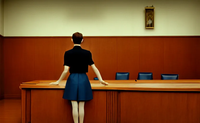 Image similar to a beautiful a man in the skirt in a courtroom, blur, 4 k resolution, ultra detailed by william eggleston