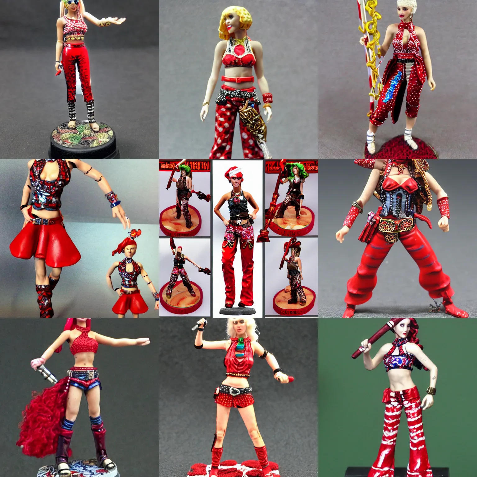 Prompt: 2 8 mm heroic scale games workshop miniature. human bard. fashion editorial photo. bandana paisley print halter top - red. patent leather cherry red flare bellbottom trousers. dancewear beaded swarovski neckline. mtv vma live 2 0 0 0. christina aguilera candy cane hair color. neck yoke sequin applique