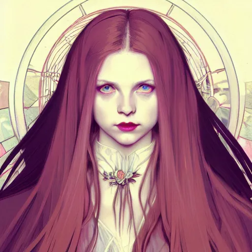 Prompt: portrait of a beautiful young fit girl vampire with long blonde hair and blue eyes with her fans in a person's neck, wearing a skirt, by greg rutkowski and alphonse mucha, d & d character, gradient white to red, modern nocturnal background, highly detailed portrait, digital painting, artstation, concept art, smooth, sharp focus ilustration, artstation hq