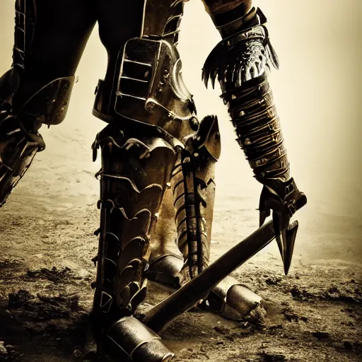 Image similar to steam punk gladiator wearing armor in the arena, shallow depth of field, moody lighting, 8 k,