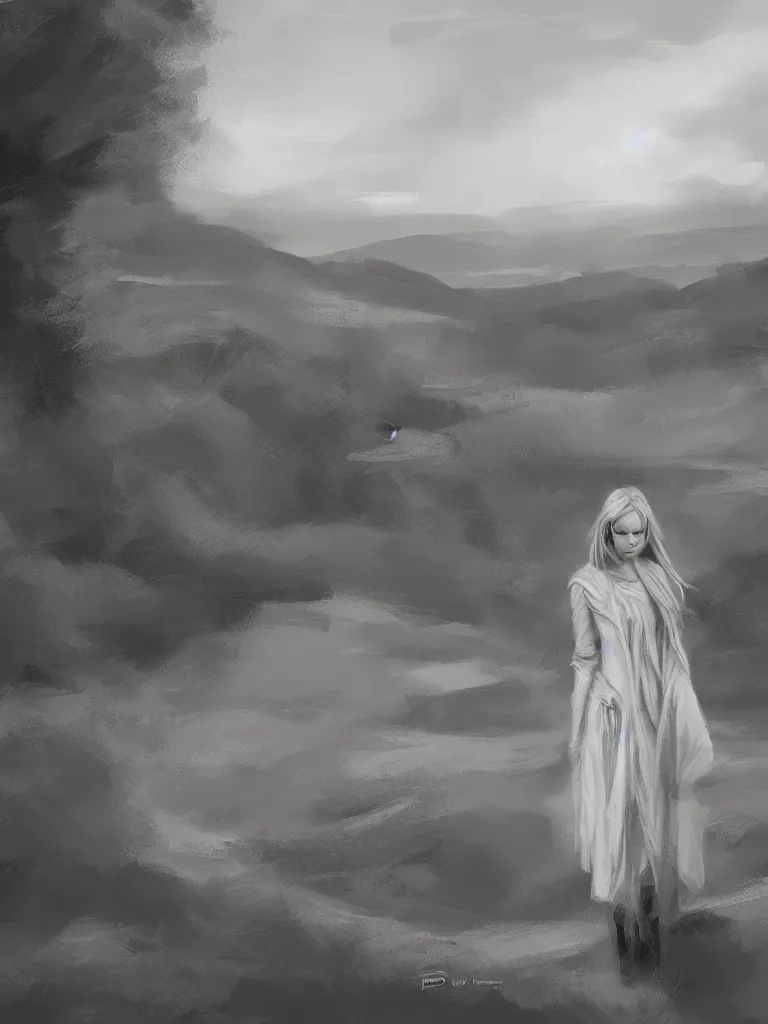 Image similar to blonde female jedi, Swedish countryside, landscape view, archipelago, pencil sketch, abstract, black and white, mono, by Vladimir Volegov, wlop, artstation