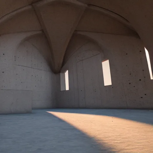 Prompt: a photo of the interior of a vast vaulted structure made of concrete, the structure is in the desert, the structure is tall and infinite, volumetric lighting, light rays, photorealistic, ultrarealistic, coronarender, 8k