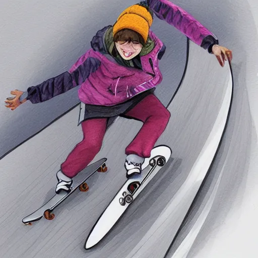 Image similar to lady skateboarding, high detail, illustration by uijung kim