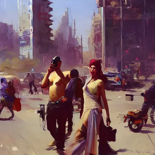 Image similar to greg manchess painting of baghdad in the year 2 0 7 7, painting, cyberpunk style, trending on artstation, by huang guangjian and gil elvgren and sachin teng