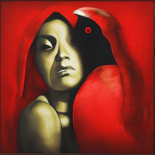 Image similar to portrait of a naive latin woman wearing a red hood, with a mechanical neon-eyed wren-bird sitting on her shoulder, oil on canvas by Yoji Shinkawa and Stina Persson